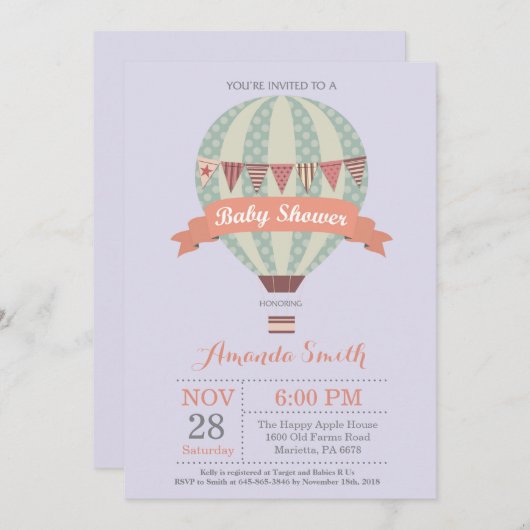 Heißluftballon Babydusche Einladung Lila (Vorne/Hinten)