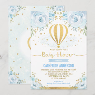Heißluftballon Babydusche Pastel Blue Floral Einladung