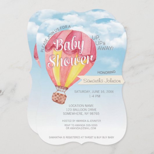 Heißluftballon Babydusche - rot-gelb-neutral Einladung (Vorne/Hinten)