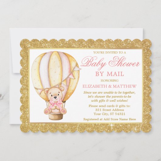 Heißluftballon Bear Glitzer Rosa Dusche per Mail Einladung (Vorderseite)