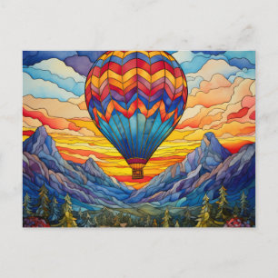 Heißluftballon Bergtal Buntglas Postkarte