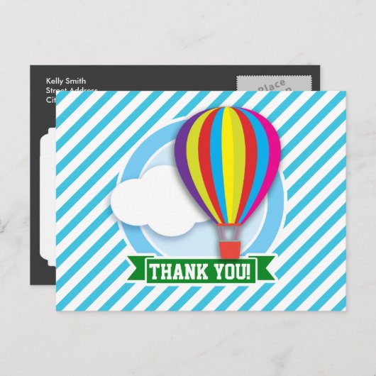 Heißluftballon; Blaue und weiße Streifen Postkarte (Vorne/Hinten)