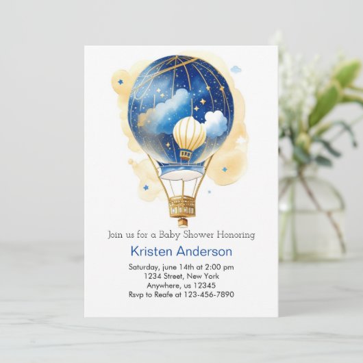 Heißluftballon Boy Babydusche Einladung (Stehend Vorderseite)