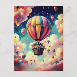 Heißluftballon, der durch einen Zuckerwattehimmel Postkarte