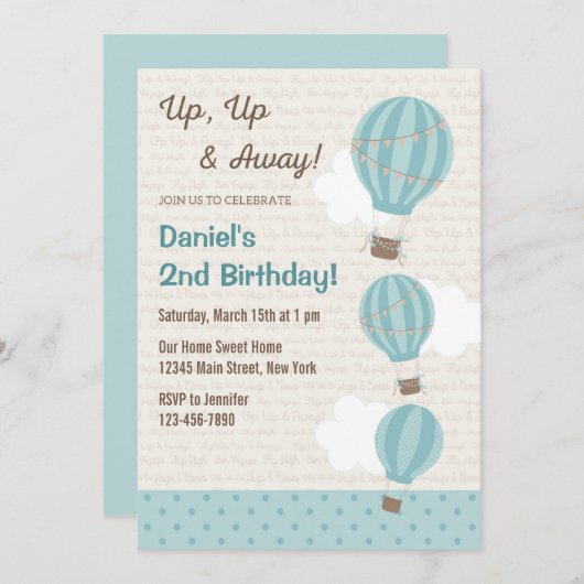 Heißluftballon Einladung zum Geburtstag (blau) (Vorne/Hinten)