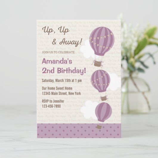 Heißluftballon Einladung zum Geburtstag (Lila) (Stehend Vorderseite)