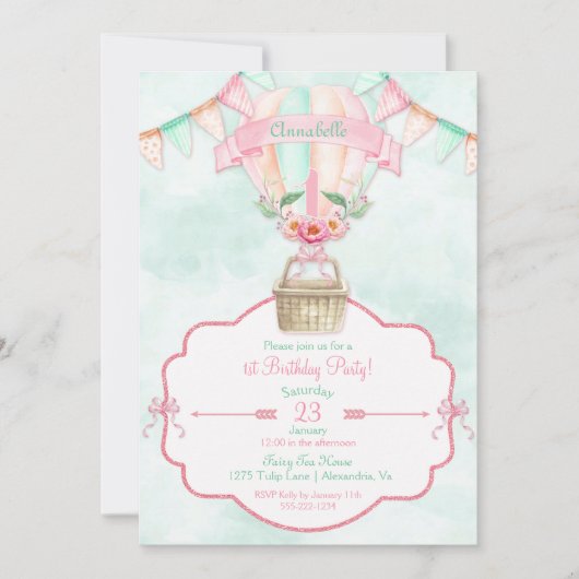 Heißluftballon Erster Geburtstag Pink Minzpfirsich Einladung (Vorderseite)