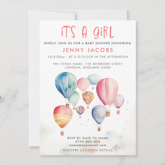 Heißluftballon Es ist eine Girl-Babydusche Einladung (Vorderseite)