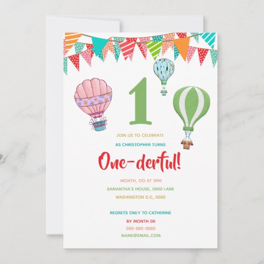 Heißluftballon Fahne Erstgeburtsjunge Einladung (Vorderseite)