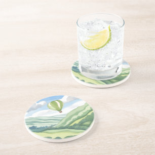 Heißluftballon   Grüne Wasserfarbenlandschaft Getränkeuntersetzer