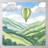 Heißluftballon | Grüne Wasserfarbenlandschaft Poster (Vorne)