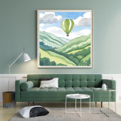 Heißluftballon | Grüne Wasserfarbenlandschaft Poster