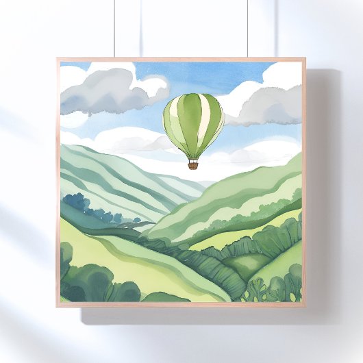 Heißluftballon | Grüne Wasserfarbenlandschaft Poster