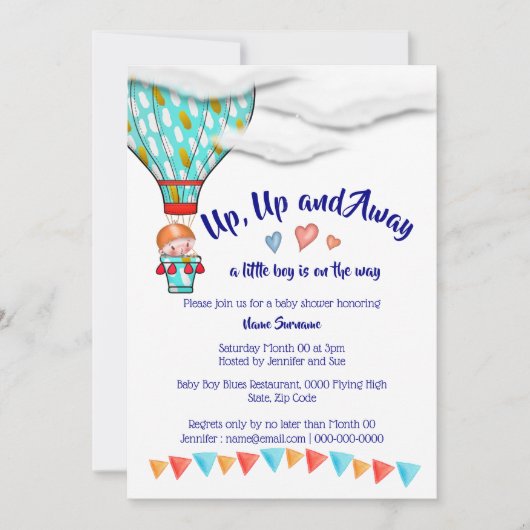 Heißluftballon Jungs Babydusche niedliches Party Einladung (Vorderseite)