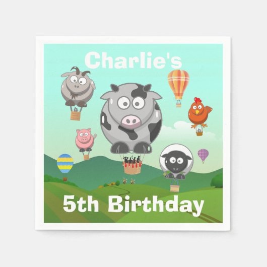 Heißluftballon Landtiere zum Geburtstag Serviette (Vorderseite)