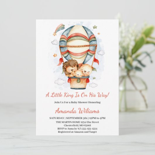 Heißluftballon Little King Lion Baby Dusche Einladung (Stehend Vorderseite)