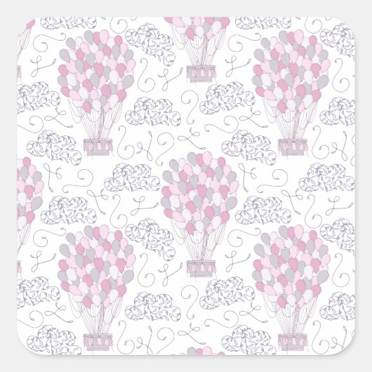 Heißluftballon mit rosa Party-Ballons Quadratischer Aufkleber (Vorderseite)