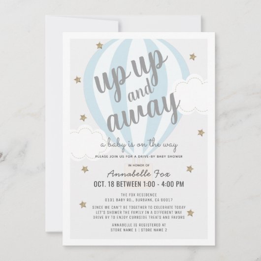 Heißluftballon Nach oben blauer Dusche fahren Einladung (Vorderseite)