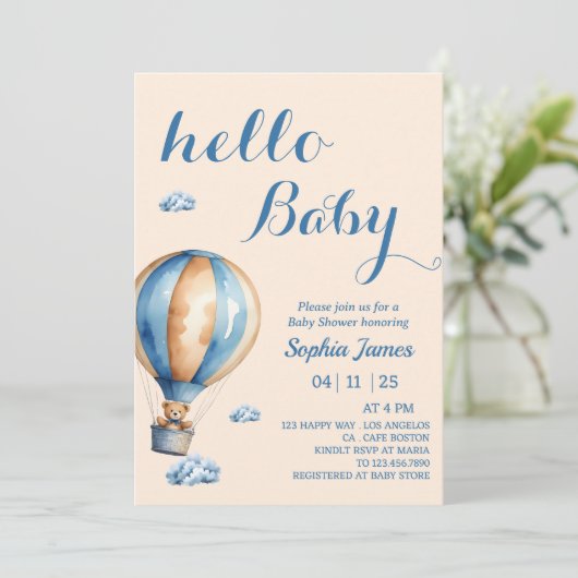 Heißluftballon - Niedliche Teddy Bear Baby Dusche Einladung (Stehend Vorderseite)