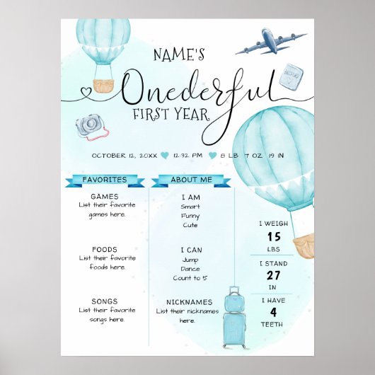 Heißluftballon Onetime 1. Geburtstag Meilenstein Poster (Vorne)