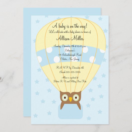 Heißluftballon OWL Boy Baby Dusche Einladung (Vorne/Hinten)
