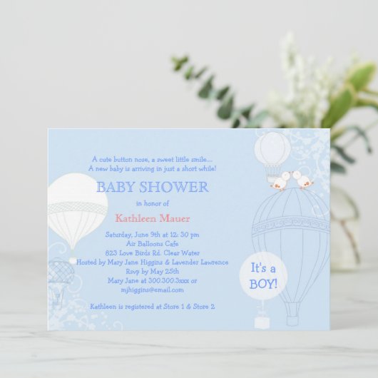 Heißluftballon Pastellblau Es ist eine Baby-Dusche Einladung (Stehend Vorderseite)
