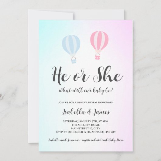 Heißluftballon Pink Blue Niedlich Gender Reveal Einladung (Vorderseite)