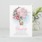 Heißluftballon Pink Floral Erster Geburtstag Einladung (Stehend Vorderseite)