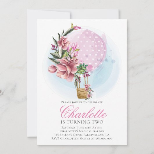 Heißluftballon Pink Floral Geburtstag Einladung (Vorderseite)