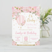 Heißluftballon Rosa Blume 1. Geburtstag Einladung (Stehend Vorderseite)