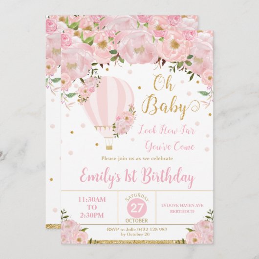 Heißluftballon Rosa Blume 1. Geburtstag Einladung (Vorne/Hinten)