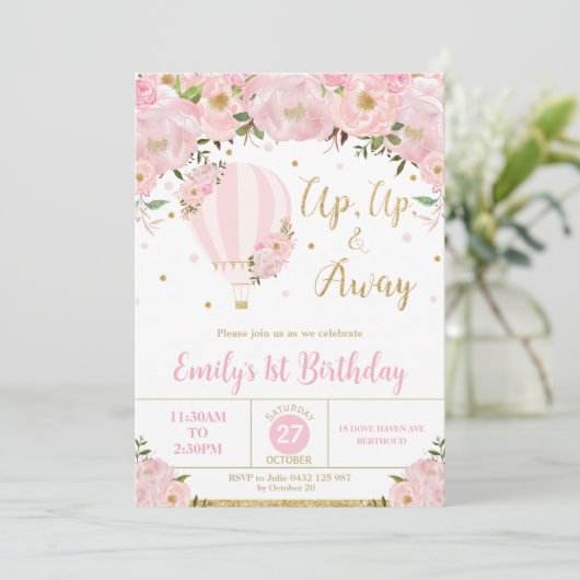 Heißluftballon Rosa Blume 1. Geburtstag Einladung (Stehend Vorderseite)