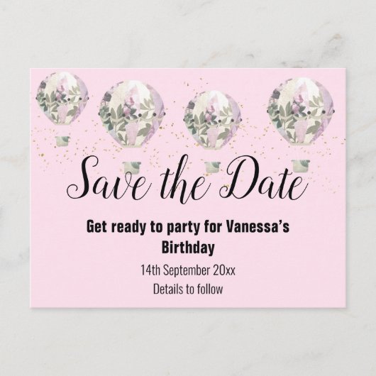Heißluftballon Save the Date Pink Ankündigungspostkarte (Vorderseite)