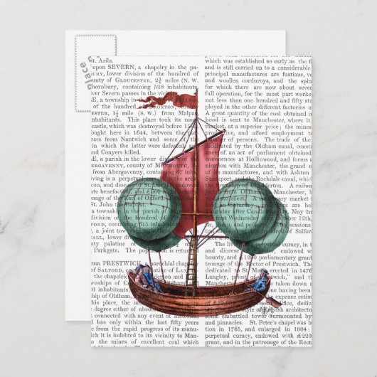 Heißluftballon-Schiff mit rotem Segel Postkarte (Vorne/Hinten)