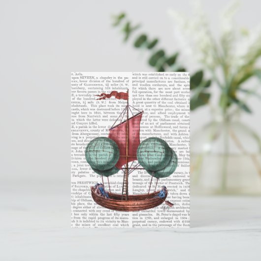 Heißluftballon-Schiff mit rotem Segel Postkarte (Stehend Vorderseite)