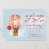 Heißluftballon Teddy Bear Pink Babydusche Einladung (Vorne/Hinten)