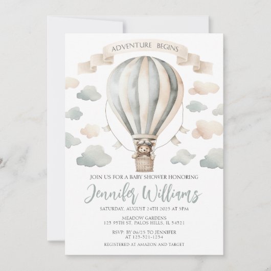 Heißluftballon Teddybär Babydusche Einladung (Vorderseite)