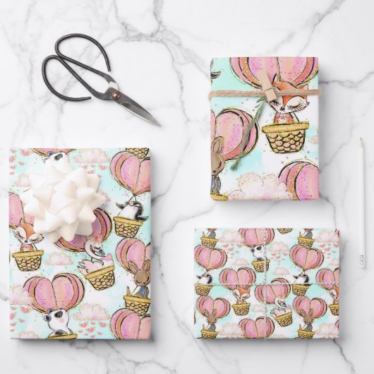Heißluftballon Tiere Valentinstag Geschenkpapier Set (Vorderseite)