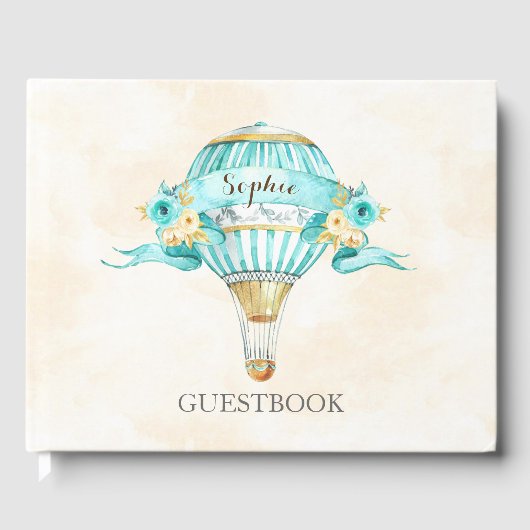 Heißluftballon Turquoise Gold Gelbe Rosen Gästebuch (Vorderseite)