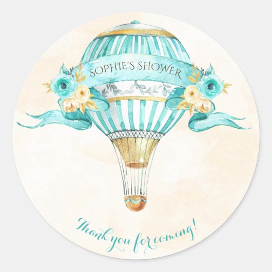 Heißluftballon Turquoise Gold Gelbe Rosen Runder Aufkleber (Vorderseite)