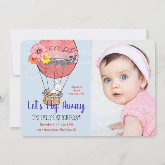 Heißluftballon und sonniger Erster Geburtstag Einladung (Vorderseite)