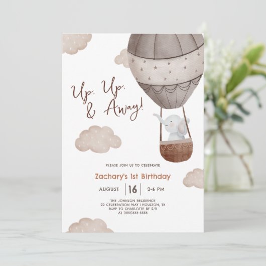 Heißluftballon Up & Away 1. Geburtstag Einladung (Stehend Vorderseite)