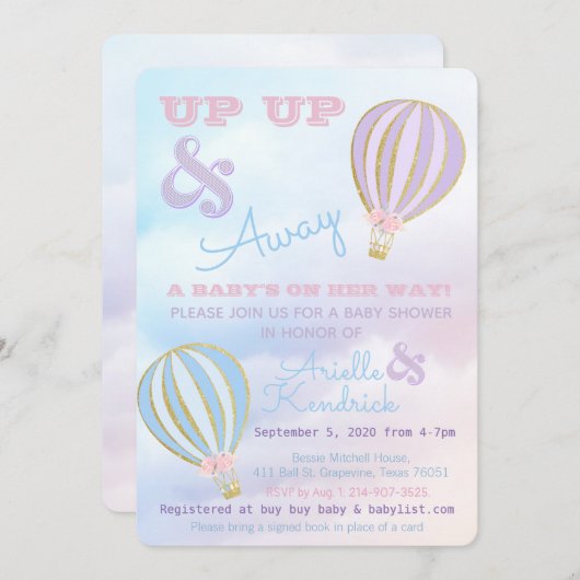 Heißluftballon, up & away Baby SHower Einladung (Vorne/Hinten)