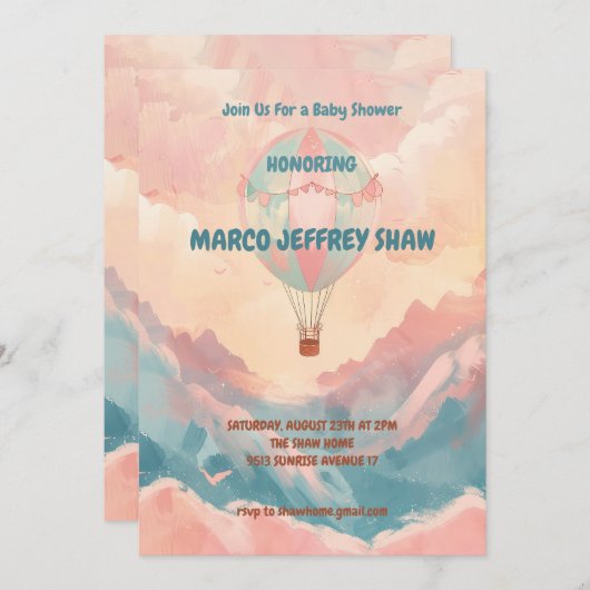 Heißluftballon Wasserfarbe Babydusche Einladung (Vorne/Hinten)