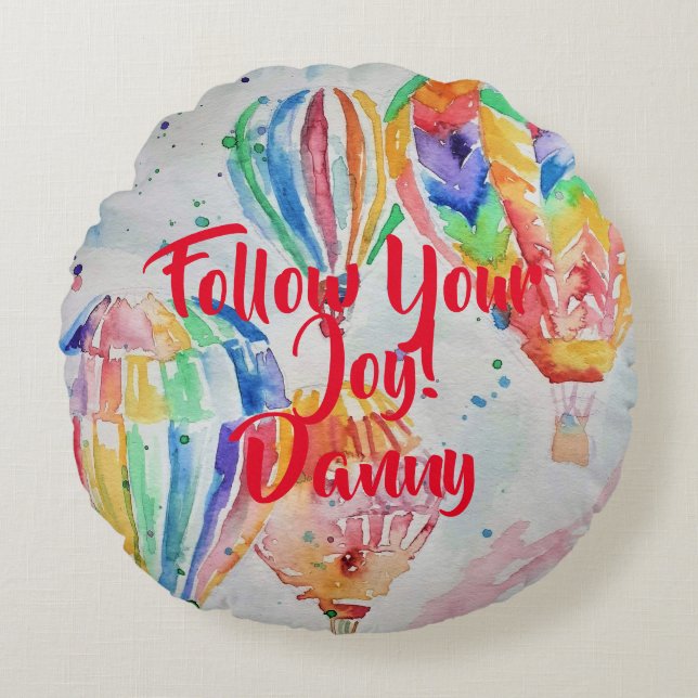 Heißluftballon Wasserfarbe Kinder Junge Name Kisse Rundes Kissen (Vorderseite)