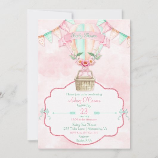 Heißluftballon Wasserfarbe Rosa Minzpfirsich Einladung (Vorderseite)