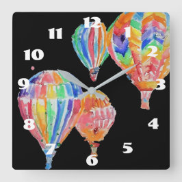 Heißluftballon Wasserfarbe Schwarzes Kinderzimmer  Quadratische Wanduhr