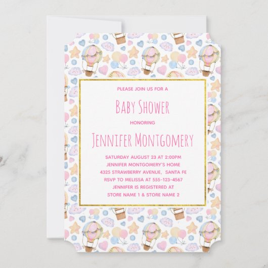 Heißluftballon Wasserfarben Muster Babydusche Einladung (Vorderseite)