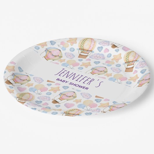 Heißluftballon Wasserfarben Muster Babydusche Pappteller (Schrägansicht)