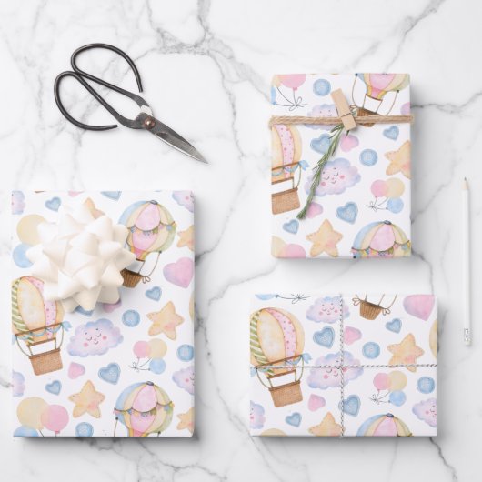 Heißluftballon Wasserfarben Muster Geschenkpapier Set (Vorderseite)